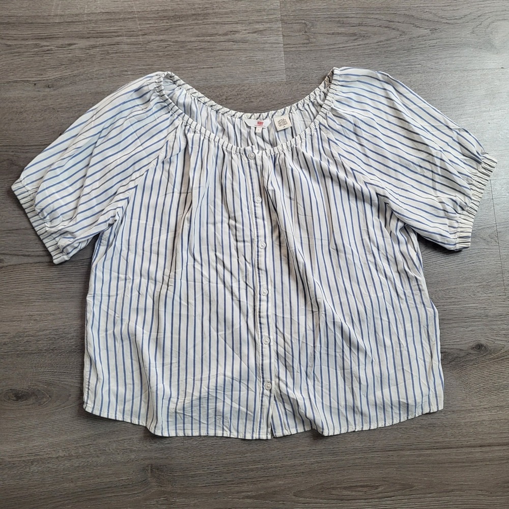 Levi's Womens Striped Puff Sleeve‎ Button Up Blouse Top Lightweight size Large